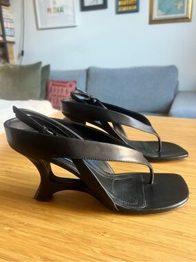 Simkhai Darya Leather Wedge Black Slingback Thong Heels - Women's Modern Sandals
